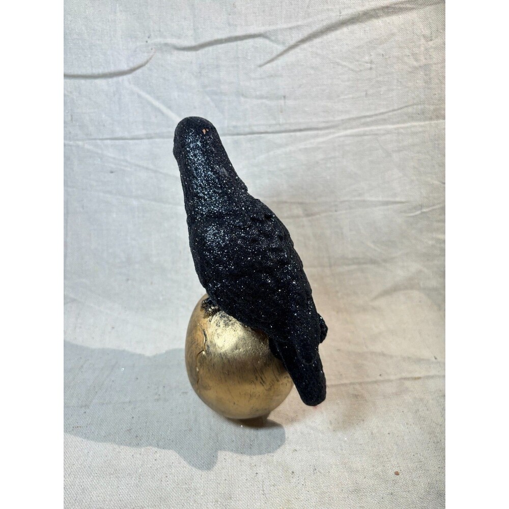 Raven On Gold Skull Halloween Decor Statue Black Glitter Bird Crow - Picture 3 of 8